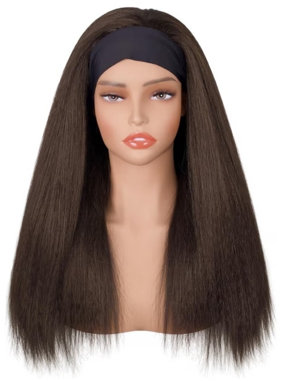 Kinky Straight Headband Wig Glueless Synthetic Hair Dark Brown 20"